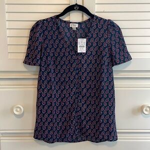 NWT J. Crew Factory Blue Pink Paisley V-Neck Short Sleeve Top, XXS